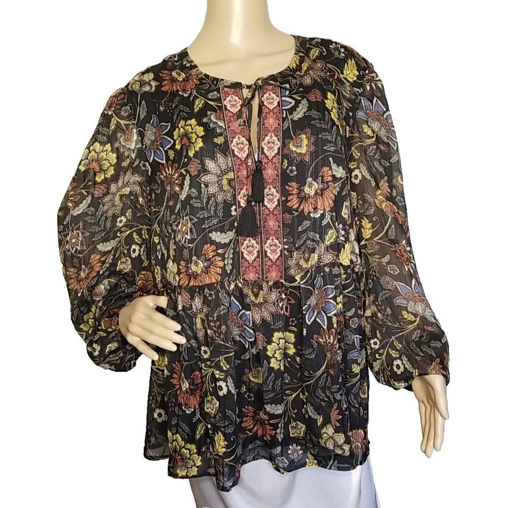 Frye & Co Black Multicolor Floral Semi Sheer Lined Top Blouse 3X Sparkle     T36
